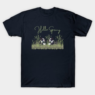 Boston Terrier Dog in Meadow with Hello Spring Sign T-Shirt